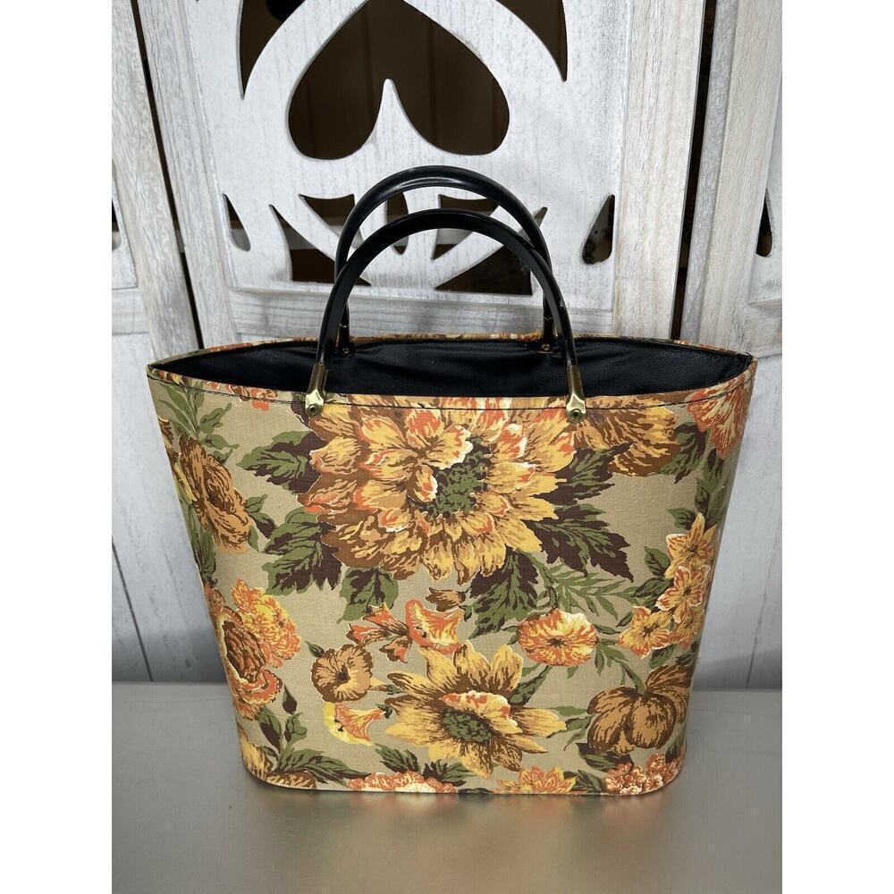 Vintage 1970s Floral Yellow Tapestry Material Tote Bag Purse Top Handle